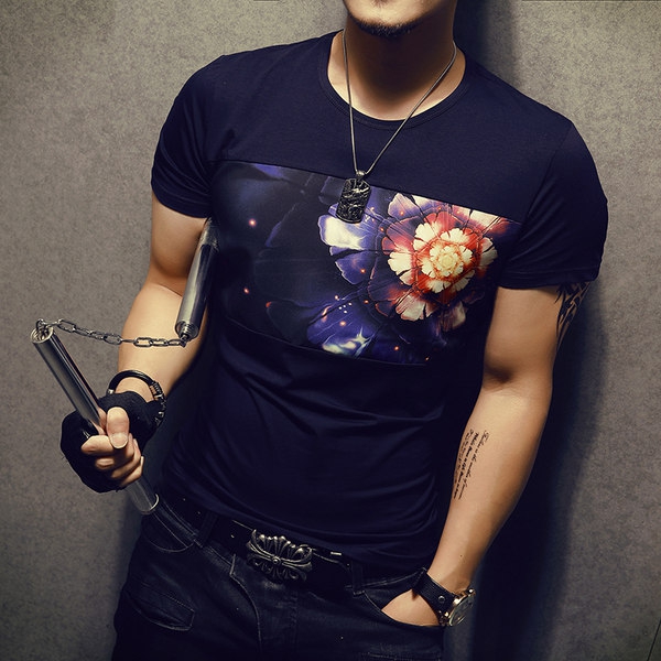 Ανδρικό καλοκαιρινό μπλοζάκι σε σκούρο γκρι, γκρι, μαύρο και λευκό χρώμα - Slim μοντέλο με εκτύπωσης