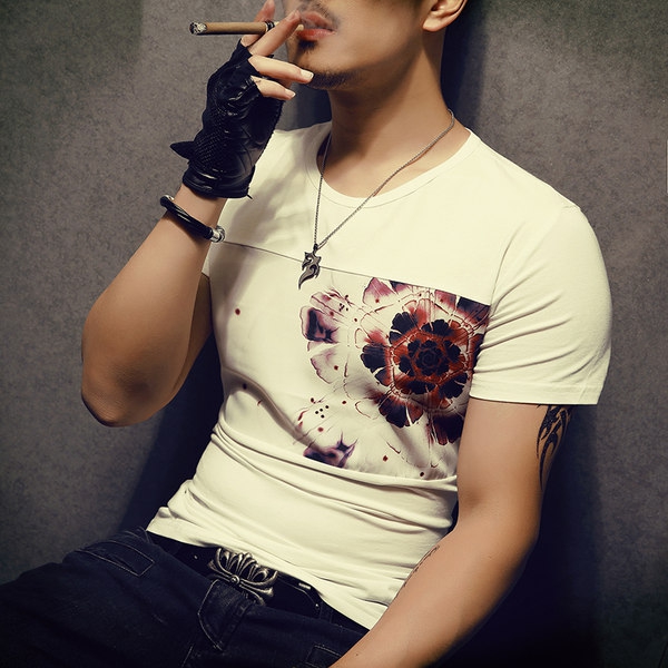 Ανδρικό καλοκαιρινό μπλοζάκι σε σκούρο γκρι, γκρι, μαύρο και λευκό χρώμα - Slim μοντέλο με εκτύπωσης