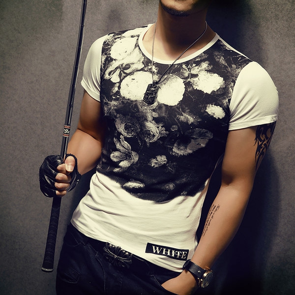 Ανδρικό καλοκαιρινό μπλοζάκι σε σκούρο γκρι, γκρι, μαύρο και λευκό χρώμα - Slim μοντέλο με εκτύπωσης