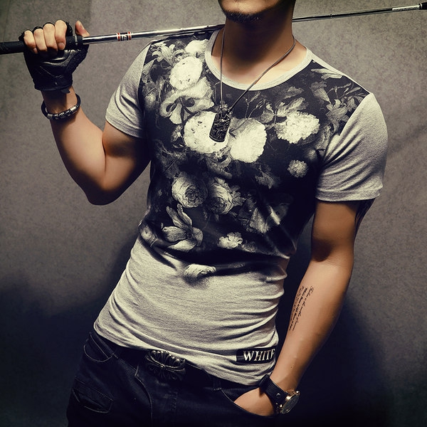Ανδρικό καλοκαιρινό μπλοζάκι σε σκούρο γκρι, γκρι, μαύρο και λευκό χρώμα - Slim μοντέλο με εκτύπωσης