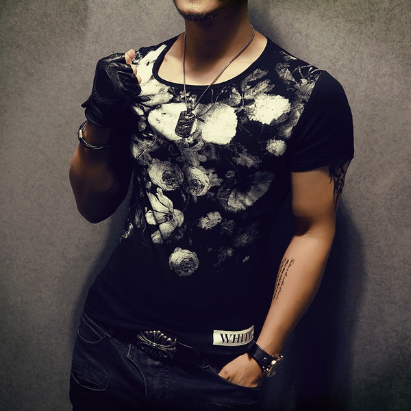 Ανδρικό καλοκαιρινό μπλοζάκι σε σκούρο γκρι, γκρι, μαύρο και λευκό χρώμα - Slim μοντέλο με εκτύπωσης