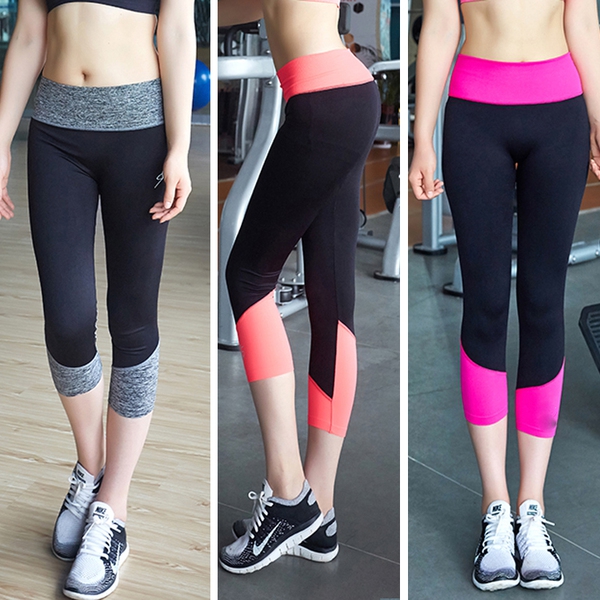 Дамски спортни седем осми панталони за фитнес, спорт, йога: комбинация от черни цветове със сини, оранжеви, сиви, розови