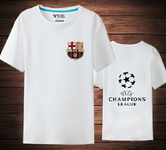 Мъжки памучни спорни фен футболни тениски на Барселона и логото на Шампионска лига жълти, бели, черни