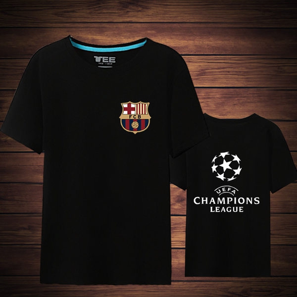 Мъжки памучни спорни фен футболни тениски на Барселона и логото на Шампионска лига жълти, бели, черни