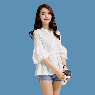 Κυρίες λευκό λινό πουκάμισο με κοντά μανίκια