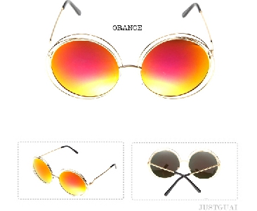 Μεγάλα στρογγυλά γυαλιά ηλίου σε διάφορα στιγμιότυπα: μαύρο, χρυσό, μπλε και πορτοκαλί