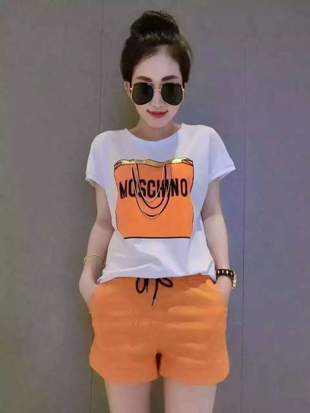 Дамски спортни екипи от къси панталони и тениски с къс ръкав оранжежеви, зелени, черни с принт