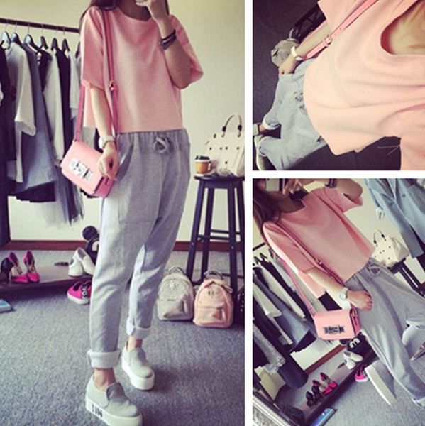 Дамски уникален спортен екип в сиво и розово тениска и  панталон тип шалвар