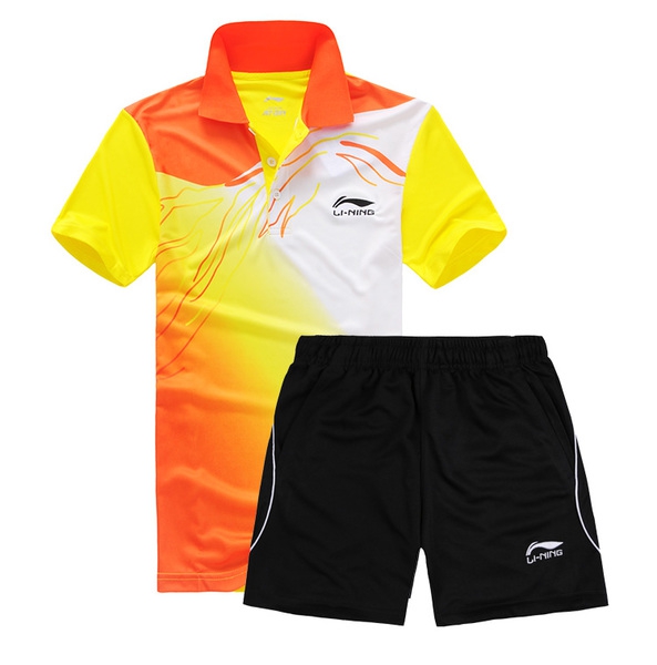 Мъжки спортни екипи, тениски с къс ръкав сини, оранжеви и лилави и къси панталони