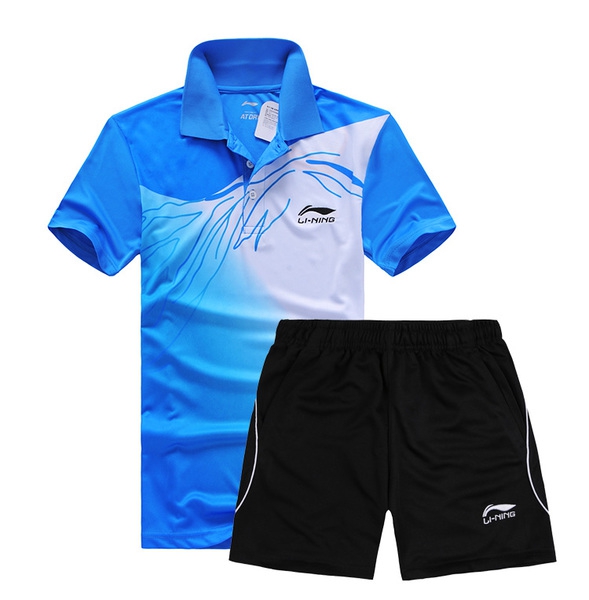 Мъжки спортни екипи, тениски с къс ръкав сини, оранжеви и лилави и къси панталони