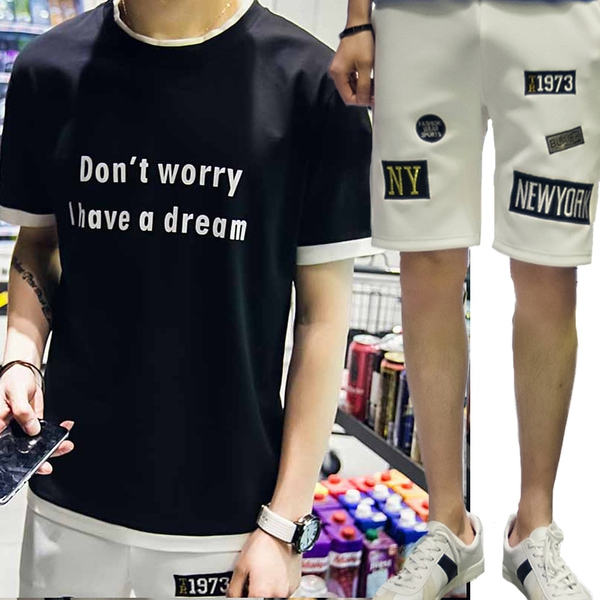 Мъжки спортни памучни летни екипи от две части тениска с къс ръкав и къси панталони зелени, черни, кафяви