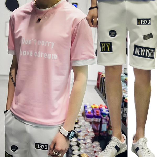 Мъжки спортни памучни летни екипи от две части тениска с къс ръкав и къси панталони зелени, черни, кафяви