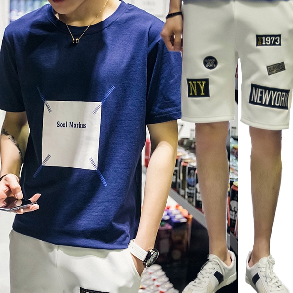 Мъжки спортни памучни летни екипи от две части тениска с къс ръкав и къси панталони зелени, черни, кафяви