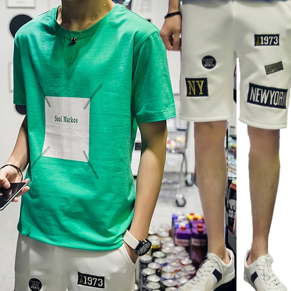 Мъжки спортни памучни летни екипи от две части тениска с къс ръкав и къси панталони зелени, черни, кафяви