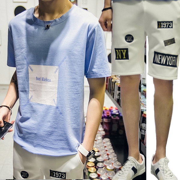 Мъжки спортни памучни летни екипи от две части тениска с къс ръкав и къси панталони зелени, черни, кафяви