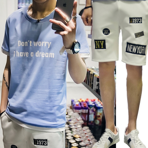 Мъжки спортни памучни летни екипи от две части тениска с къс ръкав и къси панталони зелени, черни, кафяви