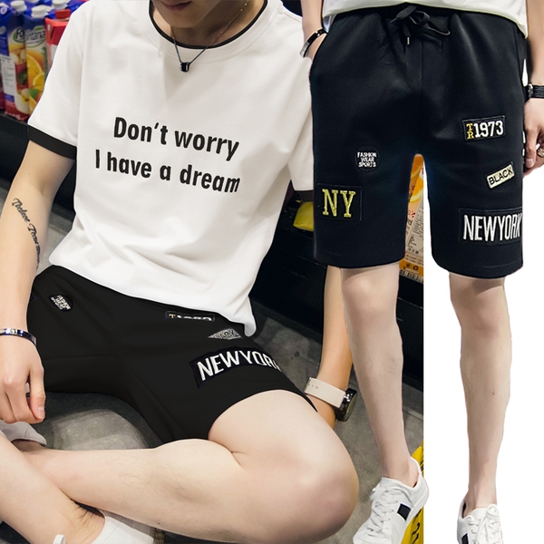 Мъжки спортни памучни летни екипи от две части тениска с къс ръкав и къси панталони зелени, черни, кафяви