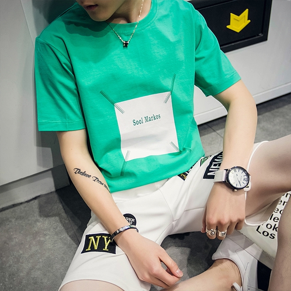 Мъжки спортни памучни летни екипи от две части тениска с къс ръкав и къси панталони зелени, черни, кафяви