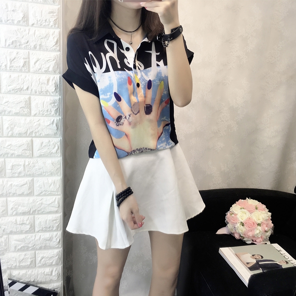 Дамски летни ризи с къс ръкав с копчета и  принт