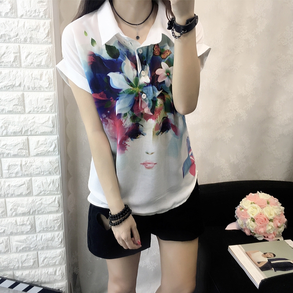 Дамски летни ризи с къс ръкав с копчета и  принт