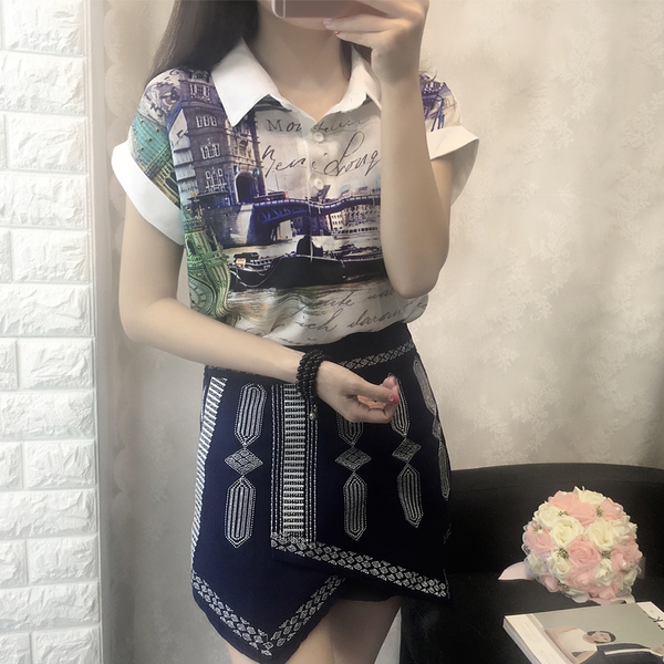 Дамски летни ризи с къс ръкав с копчета и  принт