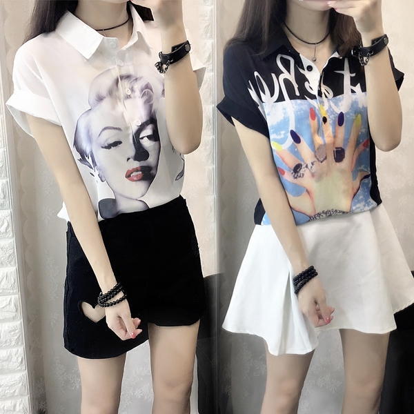 Дамски летни ризи с къс ръкав с копчета и  принт