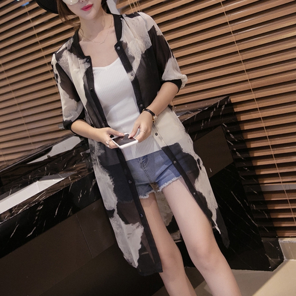 Дамско дълго шифонено парео тип риза за плаж с копчета 