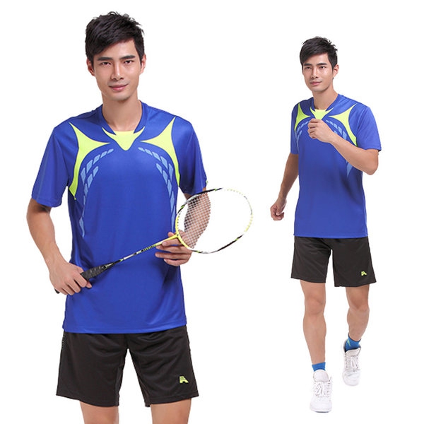 Мъжки спортни тенис и бадмингтон летни екипи от тениска с къс ръкав оранжева, синьозелена, сива и къси панталони
