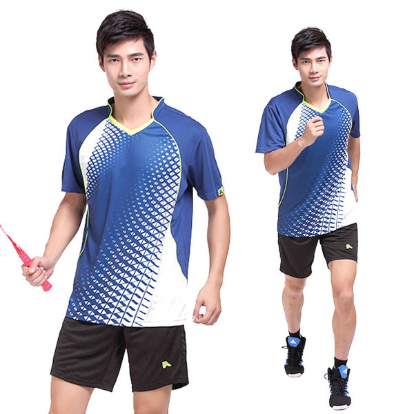 Мъжки спортни тенис и бадмингтон летни екипи от тениска с къс ръкав оранжева, синьозелена, сива и къси панталони