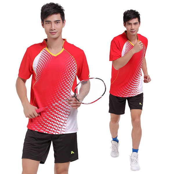 Мъжки спортни тенис и бадмингтон летни екипи от тениска с къс ръкав оранжева, синьозелена, сива и къси панталони