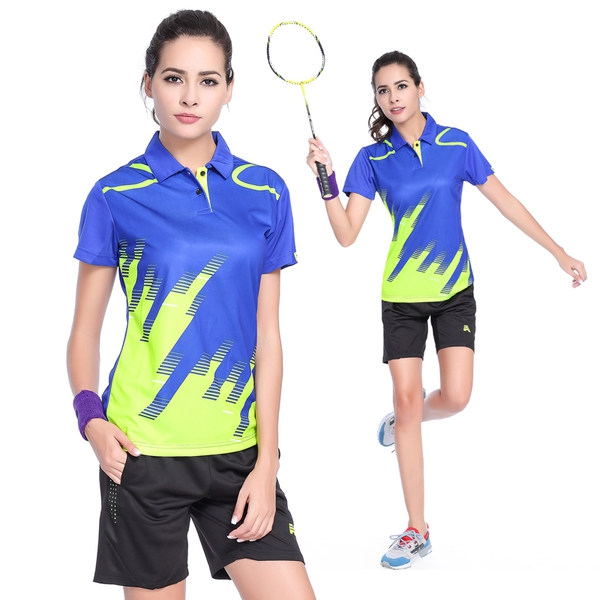 Дамски спортни екипи за тенис волейбол летни с къс ръкав и къси панталони тениска с червен, сив, оранжев или син дизайн