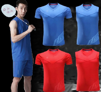 Мъжки спортни летни екипи от две части избор за горнище потник или тениска с къс ръкав червена и синя и къси панталони