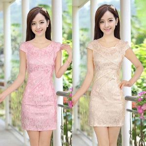 Οι γυναίκες σύντομο φορέματα του καλοκαιριού δαντέλα σύντομο χρώμα μανίκι: ροδάκινο, λευκό, ροζ φρέσκο ​​κορυφαία μοντέλα