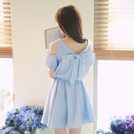 Κυρίες γαλάζιο μικρό βαμβακερό στράπλες φόρεμα με κοντά μανίκια για την καθημερινή και την παραλία