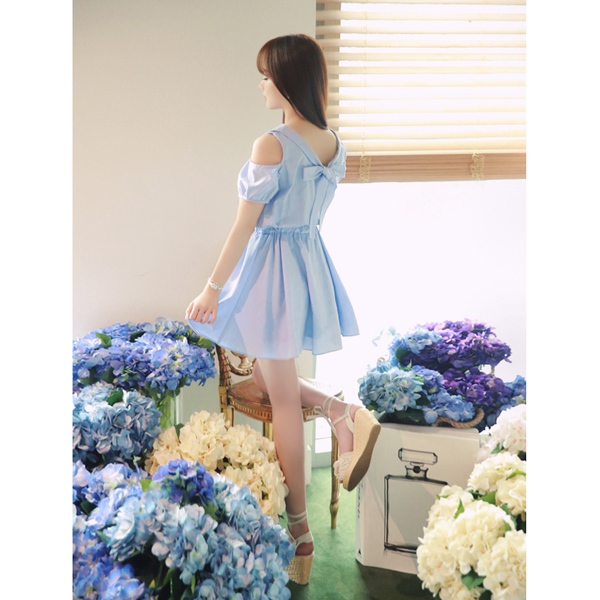 Κυρίες γαλάζιο μικρό βαμβακερό στράπλες φόρεμα με κοντά μανίκια για την καθημερινή και την παραλία