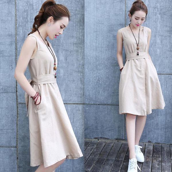 Дамски летни миди рокли подходящи за ежедневие в червен,син и бежов цвят