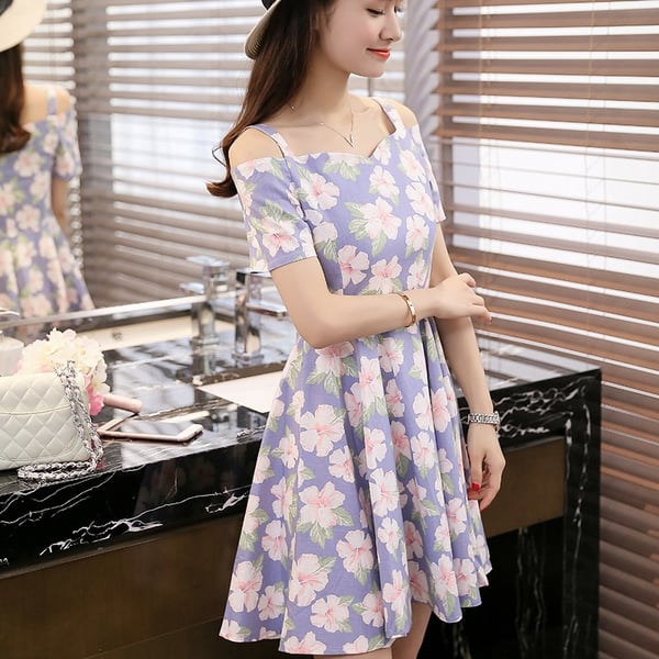 Дамски къси летни рокли в розов,лилав,бял и син цвят - 5 модела с цветя