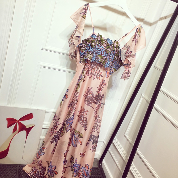 Дамски дълги вечерни рокли с флорални мотиви: оранжеви и розови