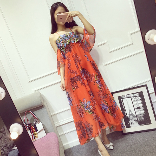 Дамски дълги вечерни рокли с флорални мотиви: оранжеви и розови