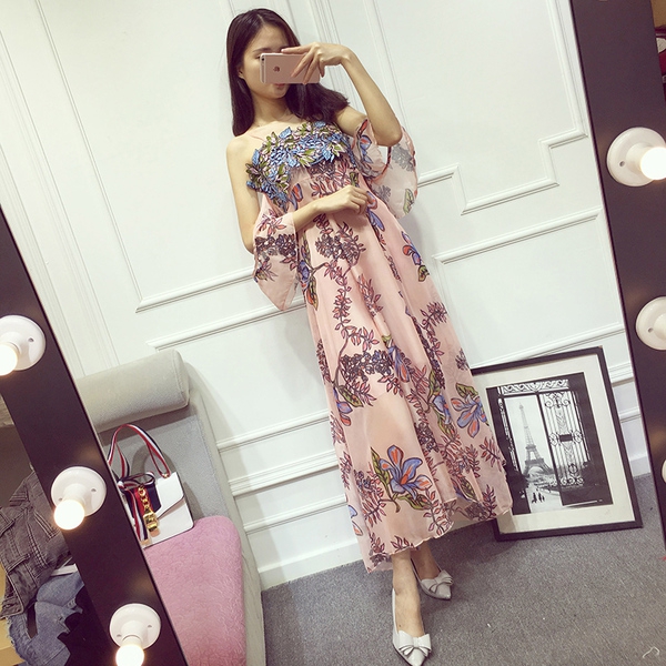 Дамски дълги вечерни рокли с флорални мотиви: оранжеви и розови