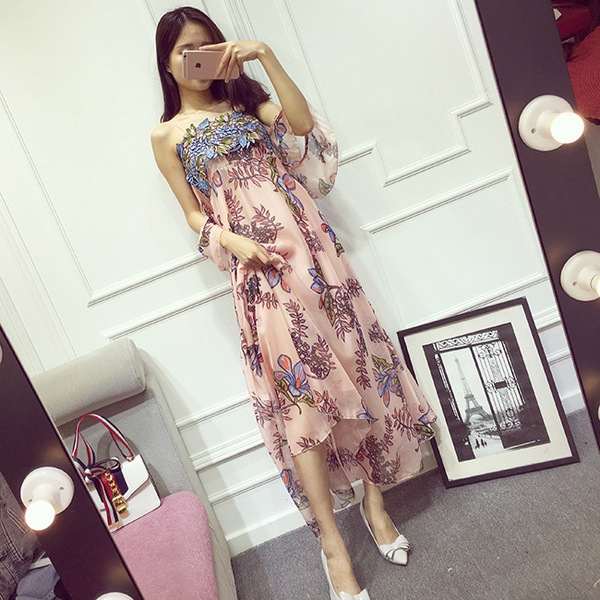 Дамски дълги вечерни рокли с флорални мотиви: оранжеви и розови