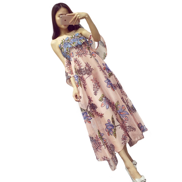 Дамски дълги вечерни рокли с флорални мотиви: оранжеви и розови