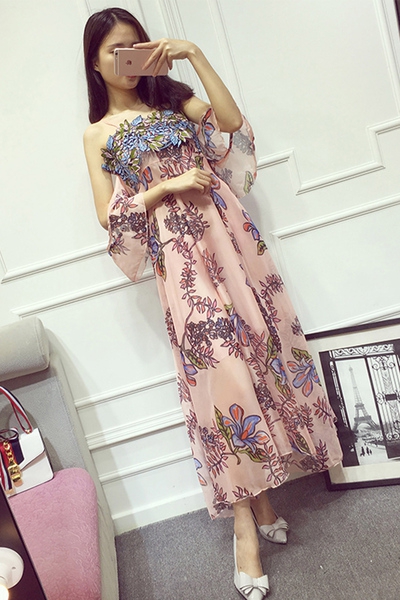 Дамски дълги вечерни рокли с флорални мотиви: оранжеви и розови