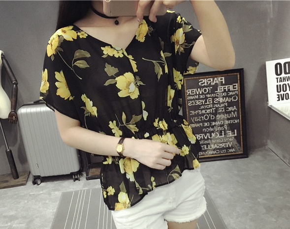 Дамска лятна шифоенна риза с къс ръкав с V-образно деколте