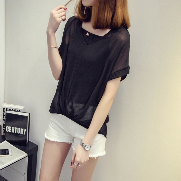 Дамска лятна шифоенна риза с къс ръкав с V-образно деколте