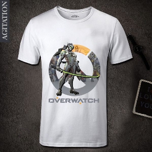 Αντρικά gaming  T-shirts Overwatch σε λευκό και μαύρο μοτίβο - Genji
