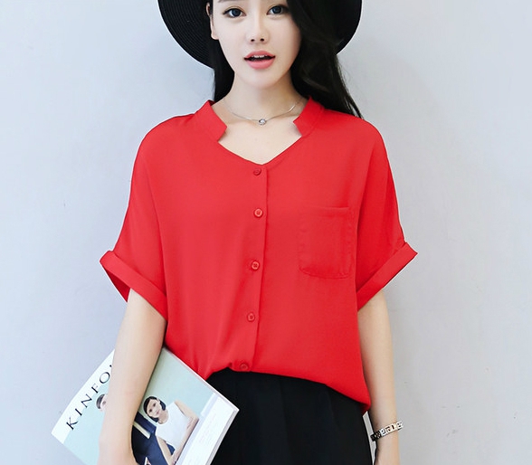 Дамски свободни летни ризи с къс ръкав с V образно деколте червени, бели, сини, сиви, черни