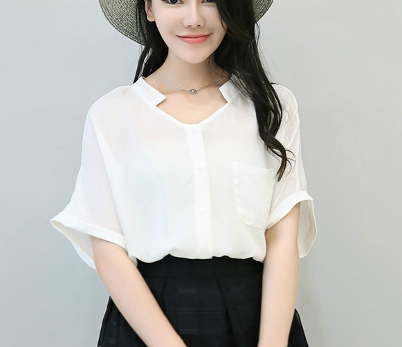 Дамски свободни летни ризи с къс ръкав с V образно деколте червени, бели, сини, сиви, черни