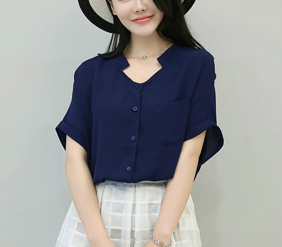 Дамски свободни летни ризи с къс ръкав с V образно деколте червени, бели, сини, сиви, черни