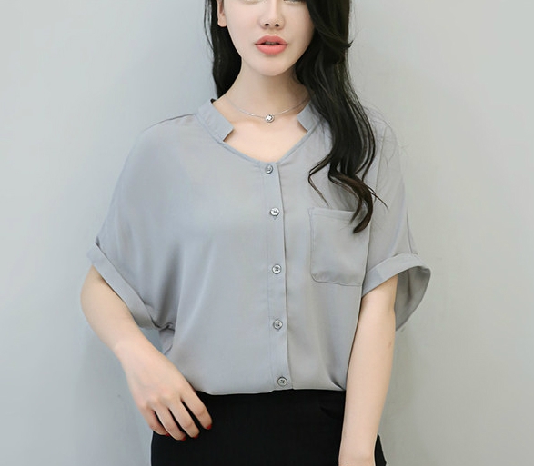 Дамски свободни летни ризи с къс ръкав с V образно деколте червени, бели, сини, сиви, черни